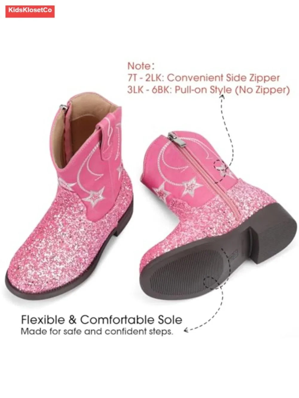 Girls Boys Western Boots - Faux Leather Cowboy Boots with Side Zipper